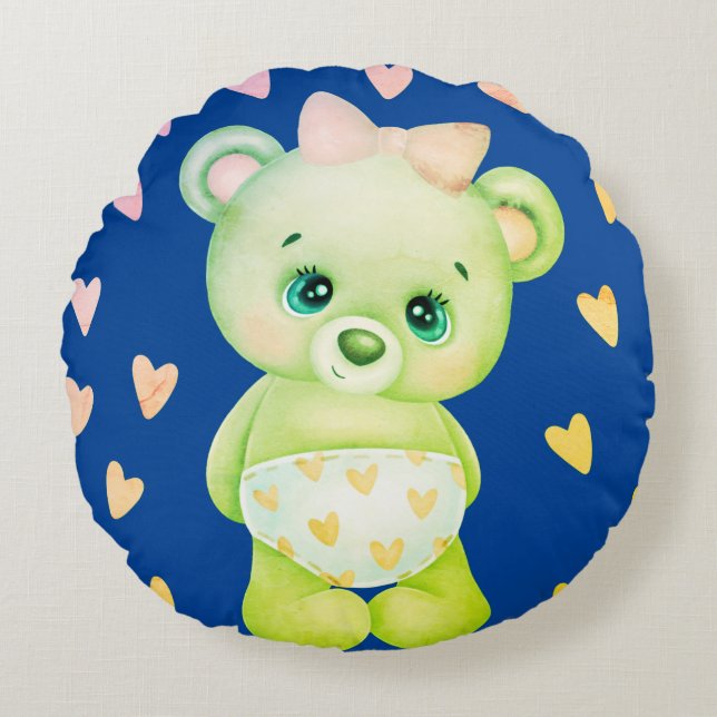 Navy Blue Heart Print Teddy Bear Sierkussen Rond Kussen (Voorkant)
