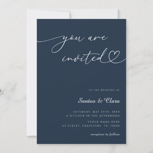 Navy Blue Heart Script 3 Photo Collage Wedding Kaart (Voorkant)