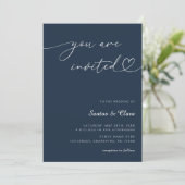 Navy Blue Heart Script 3 Photo Collage Wedding Kaart (Staand voorkant)