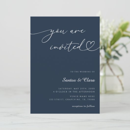 Navy Blue Heart Script 3 Photo Collage Wedding Kaart (Staand voorkant)