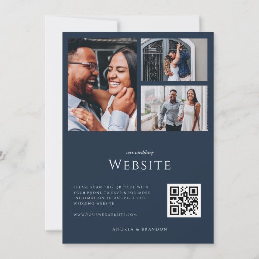 Navy Blue Heart Script 3 Photo Collage Wedding Kaart (Achterkant)