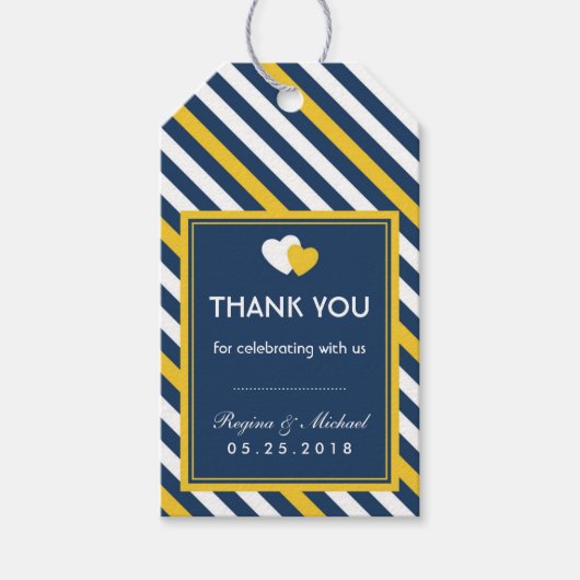 Navy Blue Heart Stripes Pattern Wedding Gift Label Cadeaulabel (Voorkant)