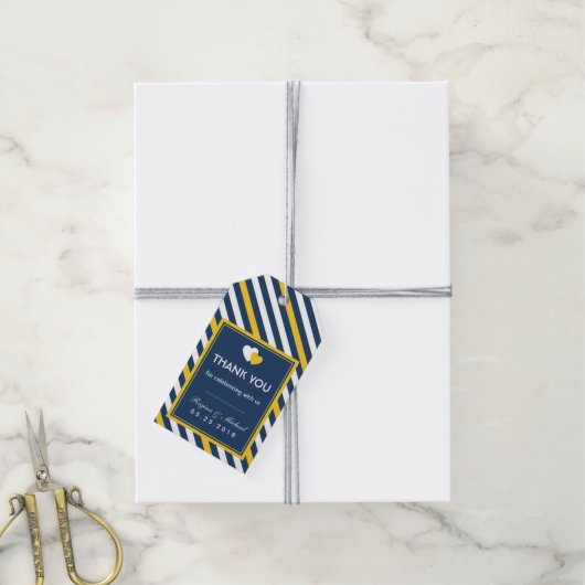 Navy Blue Heart Stripes Pattern Wedding Gift Label Cadeaulabel (Met Touw)
