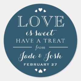 Navy Blue Hearts Love is Sweet Wedding Favor Ronde Sticker