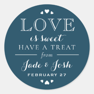Navy Blue Hearts Love is Sweet Wedding Favor Ronde Sticker