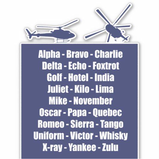 Navy Blue Helicopter Phonetic Alphabet Cool Sticker (Voorkant)