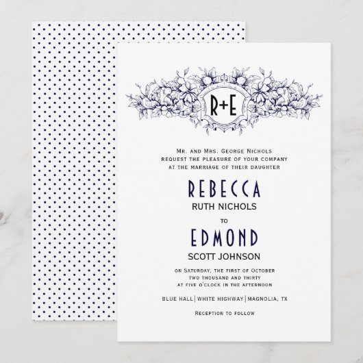 Navy blue heraldische krest met initialen bruiloft kaart (Voorkant / Achterkant)