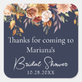 Navy Blue Herfst Bloemen Vrijgezellenfeest Favorie Vierkante Sticker (Voorkant)