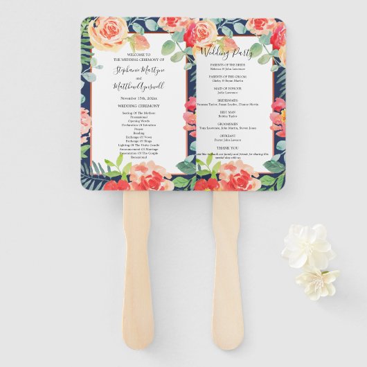 Navy Blue Herfst Floral bruiloft ceremonie program Handwaaier (Voorkant en achterkant)