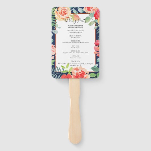 Navy Blue Herfst Floral bruiloft ceremonie program Handwaaier (Achterkant)