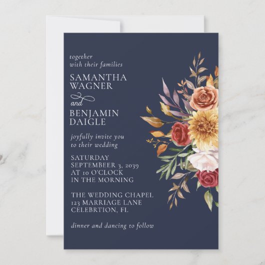 Navy Blue Herfst Floral bruiloft uitnodiging (Voorkant)