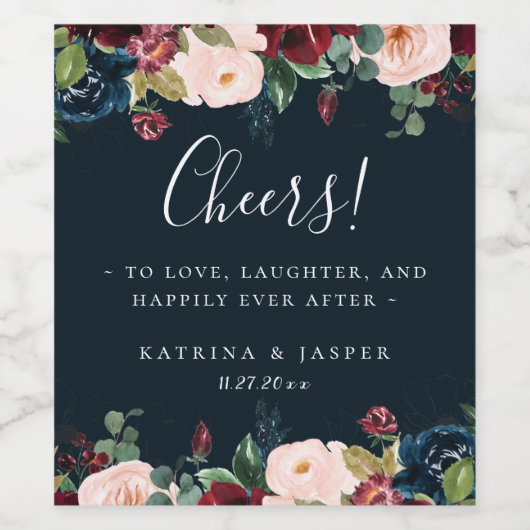 Navy Blue Herfst Floral Lijst bruiloft Wijn Etiket (Enkel label)