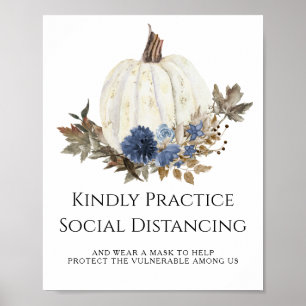 Navy Blue Herfst Floral Pumpkin Sociale Afstand Poster