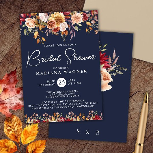Navy Blue Herfst Floral Vrijgezellenfeest Kaart