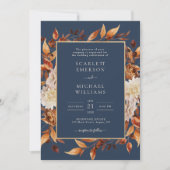 Navy Blue Herfst Floral Wedding Kaart (Voorkant)
