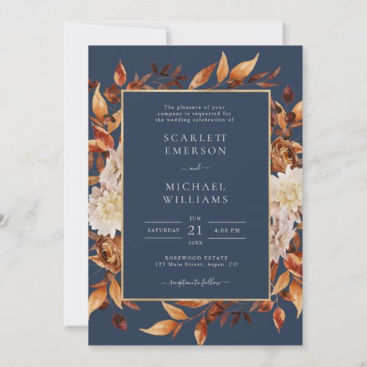 Navy Blue Herfst Floral Wedding Kaart (Voorkant)