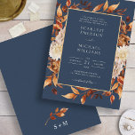 Navy Blue Herfst Floral Wedding Kaart<br><div class="desc">Navy Blue Herfst Floral Wedding Invitation. Deze elegante trouwuitnodiging is voorzien van prachtige handbeschilderde waterverf verbrande oranje en terracotta bladeren, crème en beige dahlias, en prachtige roest en bruine rozen op een witte achtergrond, perfect voor een herfstbruiloft! De achterkant van de uitnodiging heeft een mooie tak van bladeren met het...</div>