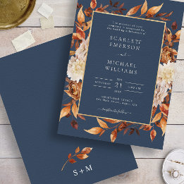 Navy Blue Herfst Floral Wedding Kaart