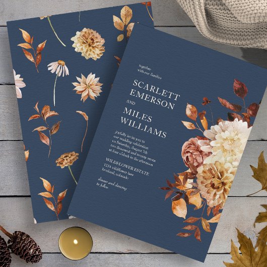 Navy Blue Herfst Floral Wedding Kaart