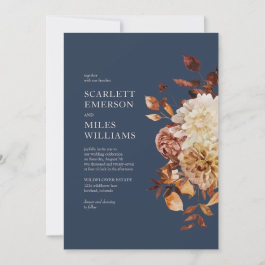 Navy Blue Herfst Floral Wedding Kaart (Voorkant)