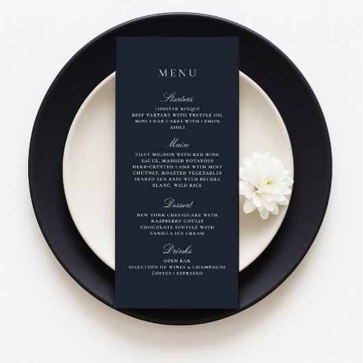 Navy Blue Herfst Winter Elegant Wedding Menu