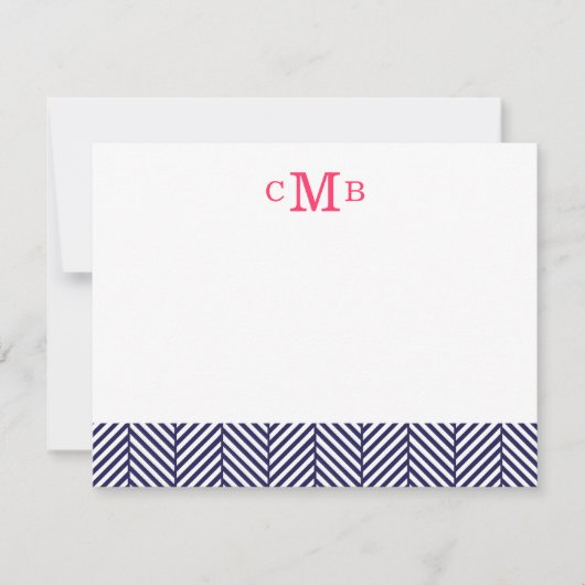 Navy Blue Herringbone Custom Monogram Stationery Notitiekaartje (Voorkant)