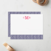 Navy Blue Herringbone Custom Monogram Stationery Notitiekaartje (Voorkant / Achterkant in situ)