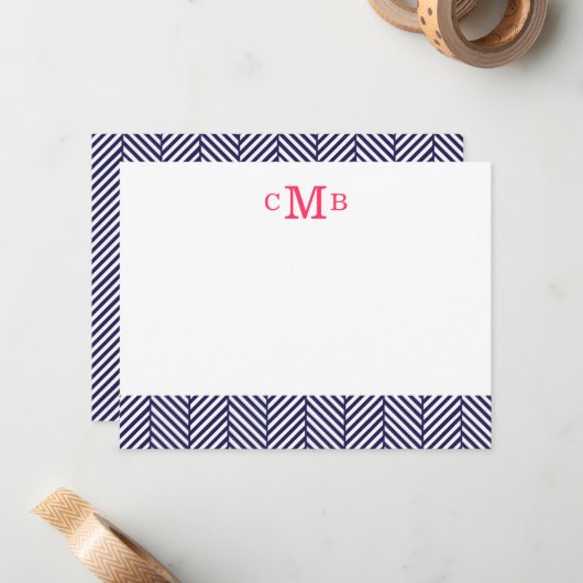 Navy Blue Herringbone Custom Monogram Stationery Notitiekaartje (Voorkant / Achterkant in situ)