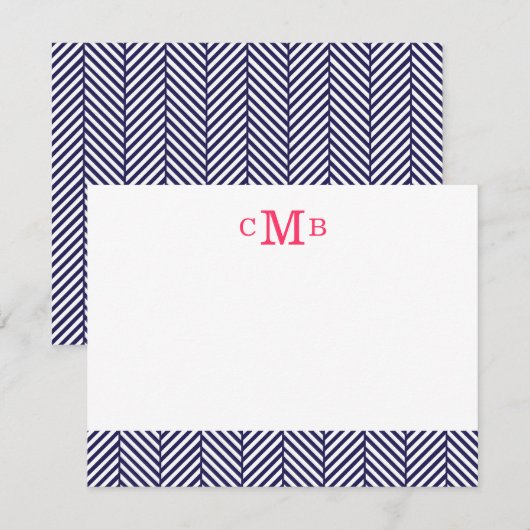 Navy Blue Herringbone Custom Monogram Stationery Notitiekaartje (Voorkant / Achterkant)