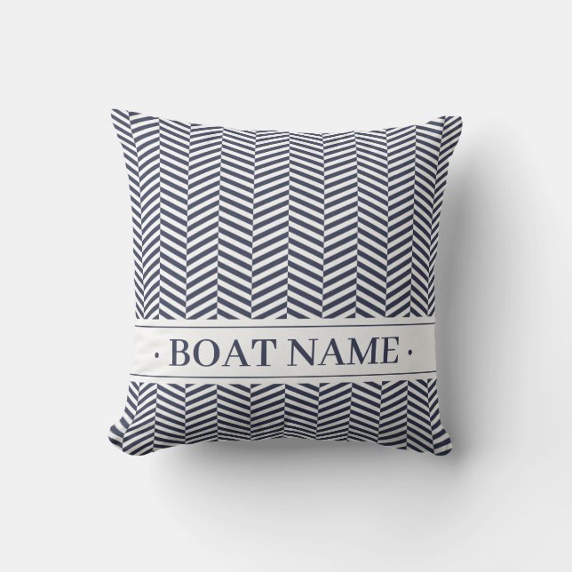 Navy Blue Herringbone Decor met Boat Name. Buitenkussen (Voorkant)