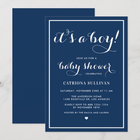 Navy Blue Het is een neutraal Baby shower van het Kaart (Voorkant / Achterkant)