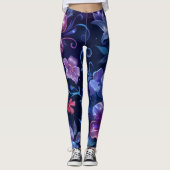 Navy Blue Hibiscus Bloemd Leggings (Voorkant)