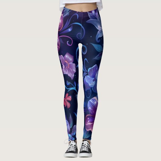 Navy Blue Hibiscus Bloemd Leggings (Voorkant)