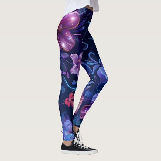 Navy Blue Hibiscus Bloemd Leggings (Rechts)