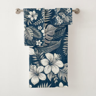 Navy Blue Hibiscus Monstera Tropical Botanical Bad Handdoek