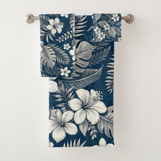 Navy Blue Hibiscus Monstera Tropical Botanical Bad Handdoek (Insitu)