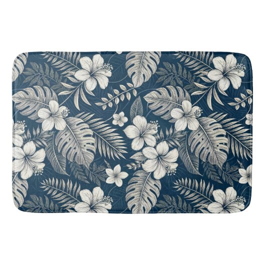 Navy Blue Hibiscus Monstera Tropical Botanical Badmat (Voorkant)