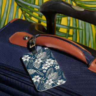 Navy Blue Hibiscus Monstera Tropical Botanical Bagagelabel