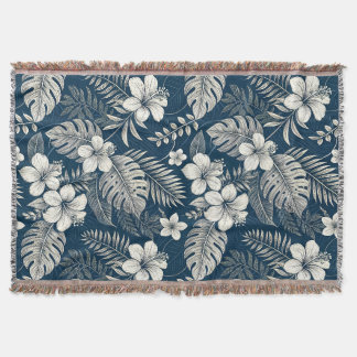 Navy Blue Hibiscus Monstera Tropical Botanical Deken