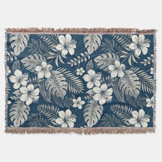 Navy Blue Hibiscus Monstera Tropical Botanical Deken (Voorkant)