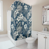 Navy Blue Hibiscus Monstera Tropical Botanical Douchegordijn (In situ)
