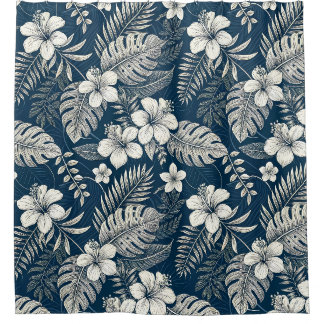 Navy Blue Hibiscus Monstera Tropical Botanical Douchegordijn