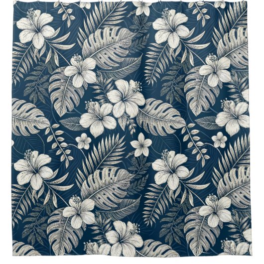 Navy Blue Hibiscus Monstera Tropical Botanical Douchegordijn (Voorkant)