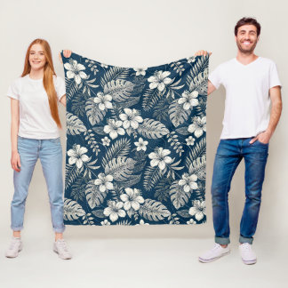 Navy Blue Hibiscus Monstera Tropical Botanical Fleece Deken