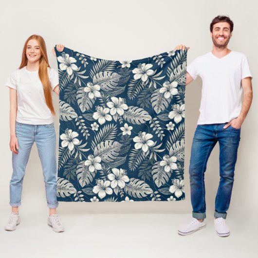 Navy Blue Hibiscus Monstera Tropical Botanical Fleece Deken (In situ)