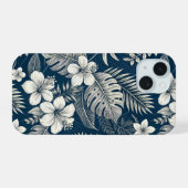 Navy Blue Hibiscus Monstera Tropical Botanical iPhone 15 Case (Achterkant horizontaal)