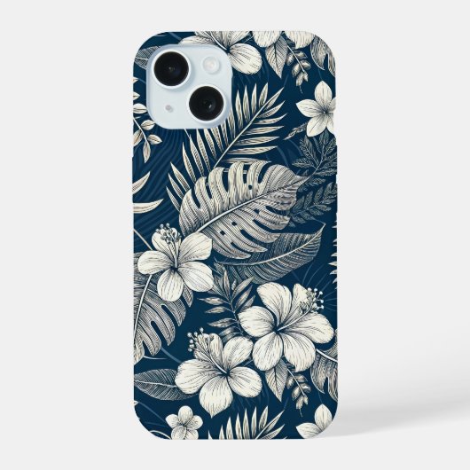 Navy Blue Hibiscus Monstera Tropical Botanical iPhone 15 Case (Achterkant)