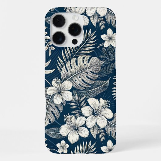 Navy Blue Hibiscus Monstera Tropical Botanical iPhone Hoesje (Achterkant)