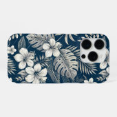 Navy Blue Hibiscus Monstera Tropical Botanical iPhone Hoesje (Achterkant horizontaal)