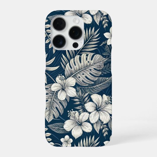 Navy Blue Hibiscus Monstera Tropical Botanical iPhone Hoesje (Achterkant)